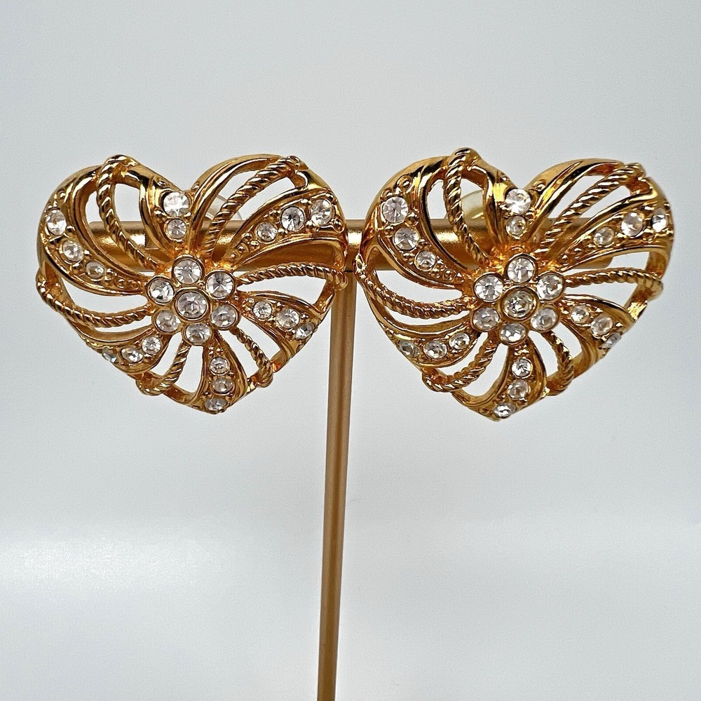 Heart Gold Tone Rhinestone Brooch Pierced Earrings Set ROMANTIC TRELLIS Avon 90s - Picture 3 of 6